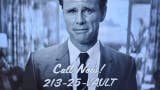 A still from the Fallout TV series showing Walter Goggins' character presenting a black-and-white infomercial, while an on-screen message reads, "Call Now! 213-25-VAULT".