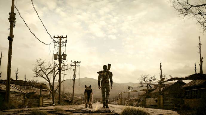 The protagonist of Fallout 3 walks on a lonely road.