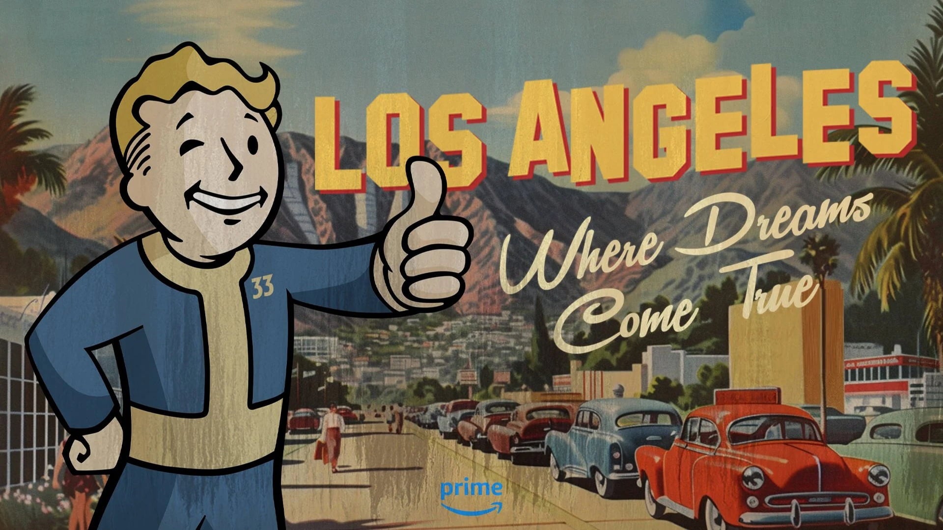 Art for the Fallout TV show with mascot Vault Boy giving a thumbs-up against the backdrop of Los Angeles - 1