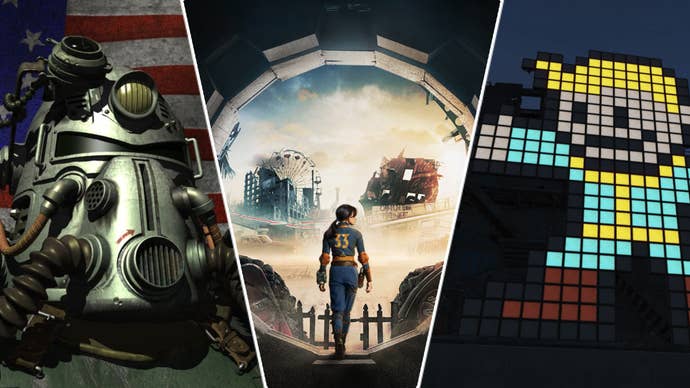 A Brotherhood of Steel member in Fallout, Lucy in the Fallout TV show, and a Vault Boy light creation in Fallout 4.