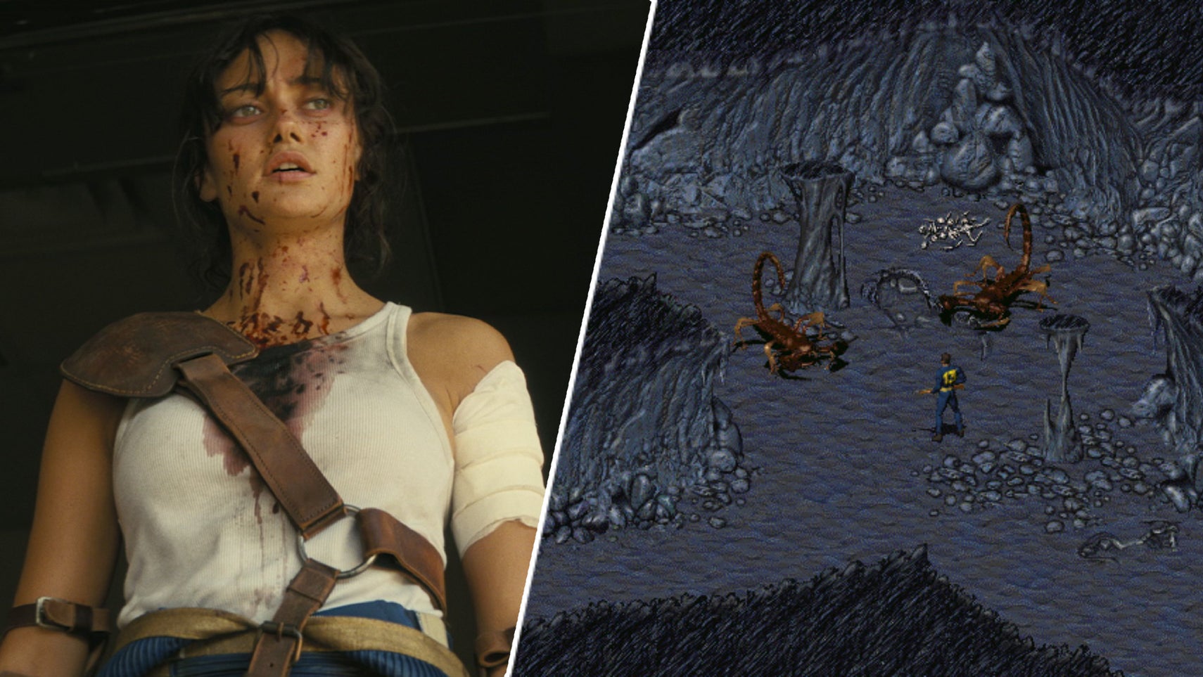 Lucy in the Fallout TV show alongside Fallout's vault dweller fighting some radscorpions. - 1