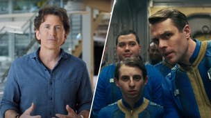 Bethesda's Todd Howard next to some characters from the Fallout TV show.