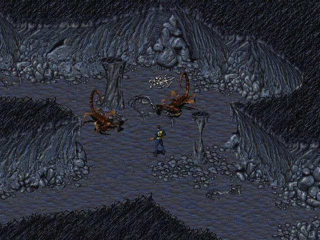 A Vault dweller fights monsters in a cave in the original Fallout