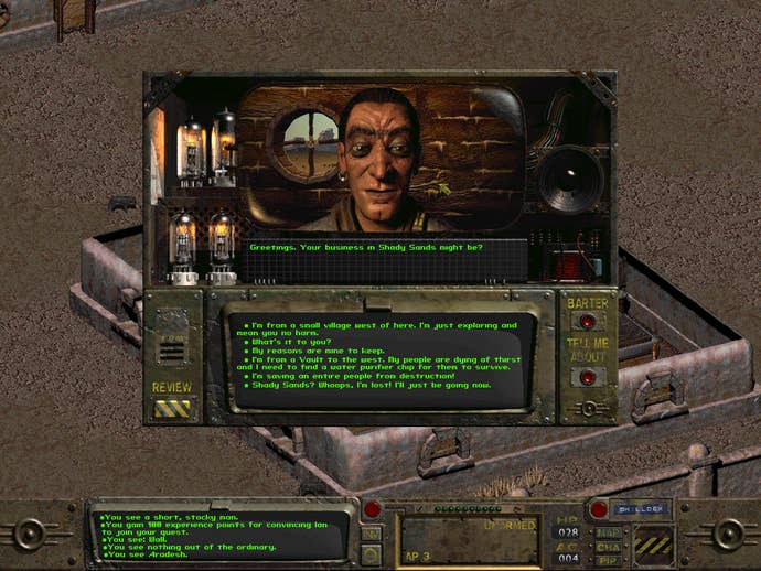 A screenshot of Fallout 1, showing the player character talking to Aradesh in Shady Sands via the game’s distinctive animated dialogue box.
