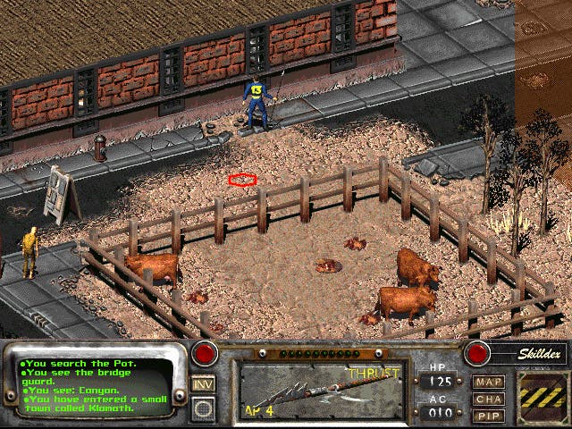 A screenshot of Fallout 2: showing the Vault Dweller wielding a spear near a Brahmin enclosure.