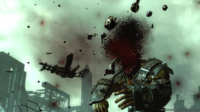 A screenshot of Fallout 3, showing a Super Mutant’s head exploding.