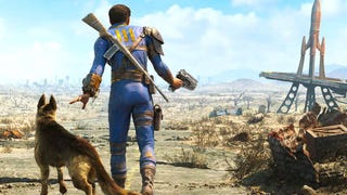 An image of Fallout 4, showing the Vault Dweller and Dogmeat trekking past the Red Rocket diner.