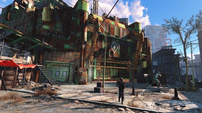 Abandoned town in Fallout 4 with a soldier stood in front of a rusty building.