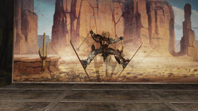 A character in skis and a, um, diving helmet, I think, jumps up in the air, legs akimbo, for a photograph in front of what looks like the Grand Canyon. As you do.