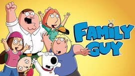 The cast of Family Guy all celebrating in front of a yellow background, the Family Guy logo to the right of them.