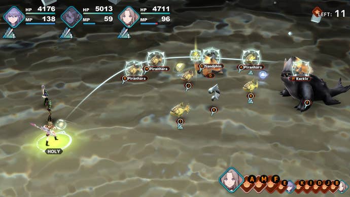 Fantasian battle scene, replete with a crowded UI and lots of systems all turned up to 11.