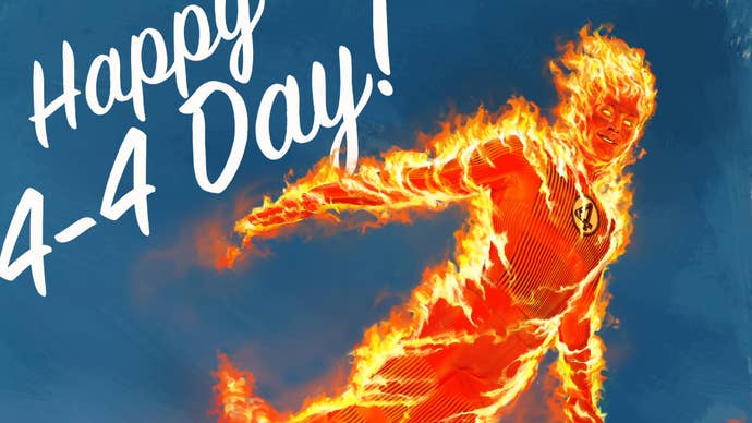 A 60s style postcard of the Human Torch flying, with text on it reading “Happy 4-4 Day!"