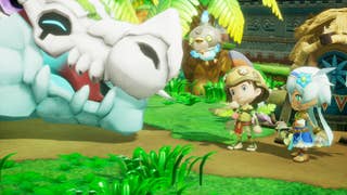 Two cute chibi characters stand next to a large dragon in Fantasy Life i: The Girl Who Steals Time.