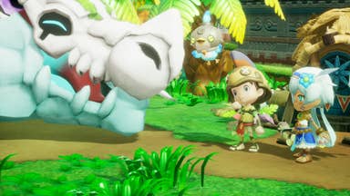 Two cute chibi characters stand next to a large dragon in Fantasy Life i: The Girl Who Steals Time.