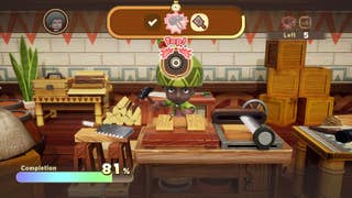 A customised player avatar performs a carpentry minigame at a workbench in Fantasy Life i: The Girl Who Steals Time.
