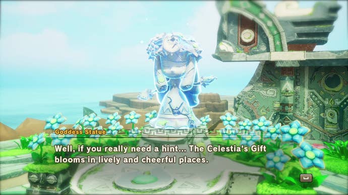 A glowing blue statue shows a young woman with a complicated flower circulation standing among the real, but still glowing blue field, flowers.