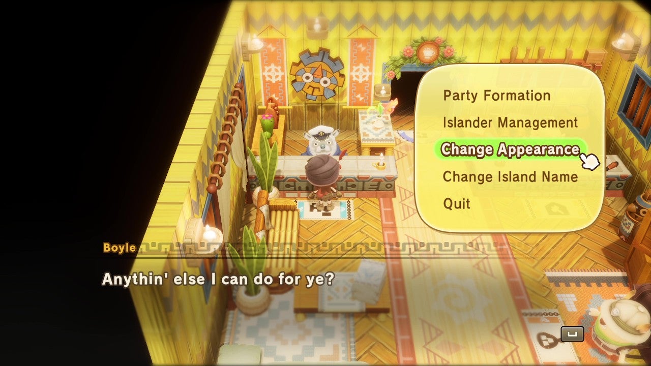 In Base Camp, the player's avatar talks to Boyle about editing their appearance and island name in Fantasy Life i: The Girl Who Steals Time. - 3