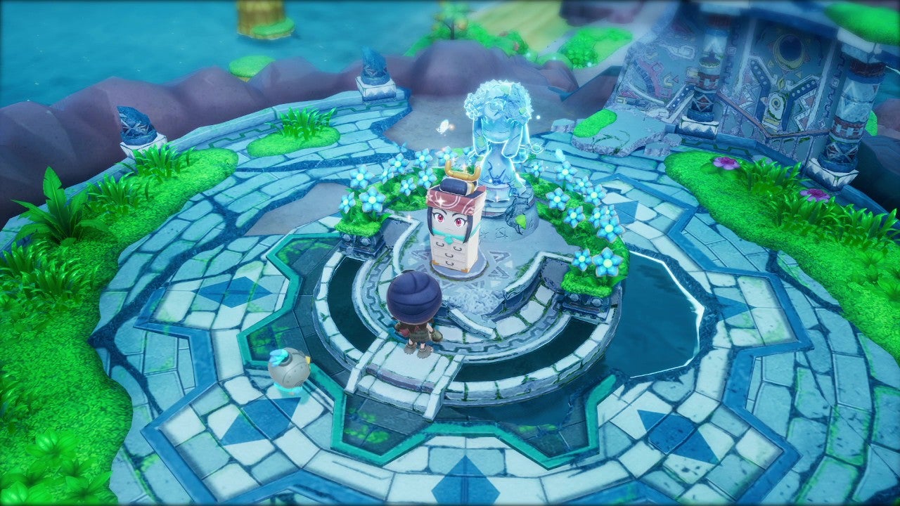 A customised player avatar in Mercenary clothing approaches a Goddess Statue and places an anthropomorphised wardrobe at its base in Fantasy Life i: The Girl Who Steals Time. - 1