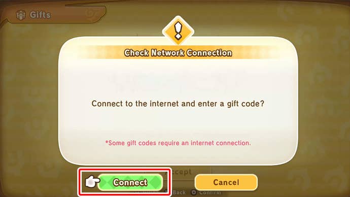 A menu screen in Fantasy Life I inciting the player to connect to the Internet if he wants to exchange a gift code.