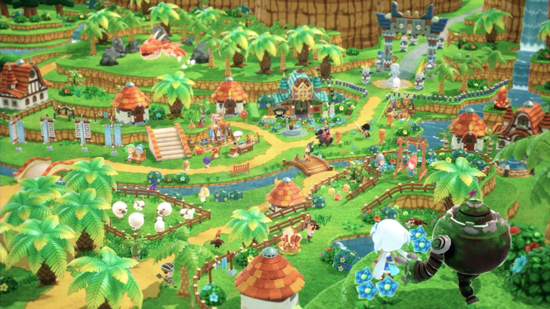 A vibrant scene overlooking a rustic tropical village, with many palm trees dotted among cottages and sheep pastures. A river runs through the village and Aztec-style gates are visible at the left-hand side. In the foreground, a white-haired young girl and a round robotic creature survey the scene. - 1