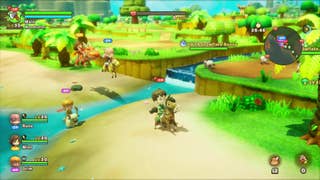A player avatar and their NPC party companions ride across a beach on horseback, jumping across a river that runs into the sea in Fantasy Life i: The Girl Who Steals Time.