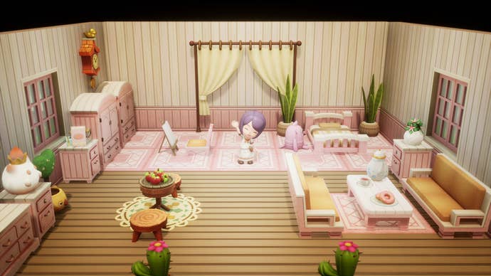 A purple haired, femme-presenting playable character waves cheerfully from within a player house decorated in pastels and pale woods. (Fantasy Life i: The Girl Who Steals Time)