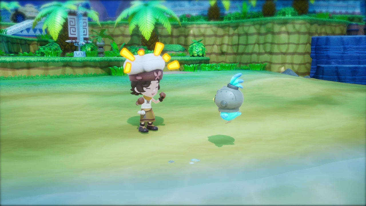 A customised player avatar talks to Trip — a small blue bird with a robotic headpiece — on a beach at night in Fantasy Life i. - 3