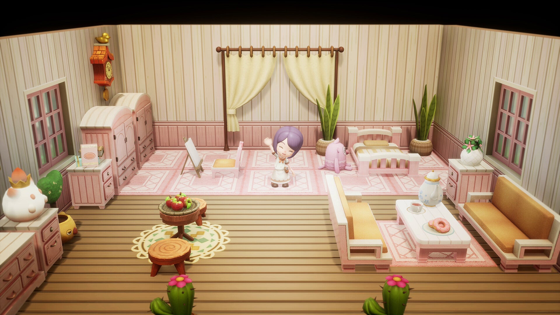 A purple haired character is stood in a cutely decorated room in Fantasy Life i: The Girl Who Steals Time. - 1