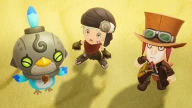 Two anime-style characters with small bodies, big heads, and huge cartoon eyes, stand looking up at the camera. One wears a kind of turban and the other a top hat with goggles on. Next to both of them is a bright blue parrot wearing a diving helmet. Yep. This is Fantasy Life i
