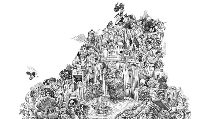 Black and white line-work artwork commissioned for the British Library’s Fantasy: Realms of Imagination exhibition. It shows a mountain of, well, things, really, all inspired by popular fantasy. There’s No-face from Spirited Away, there’s a castle, there’s a knight. It’s a dense picture of many inspirations.