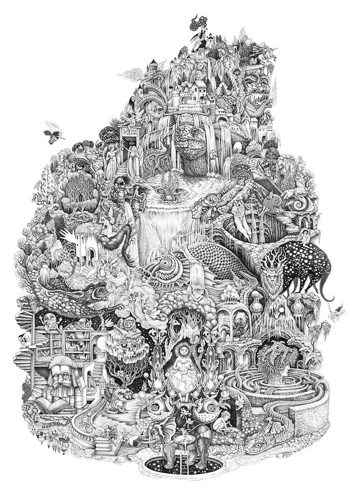 The black and white poster image for the British Library's Fantasy: Realms of the Imagination exhibition. It shows a kind of mountain of smushed together fantasy imagery, as taken from many of the stories in the exhibition. There's a dragon, there's a fairy, and so on.