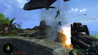 The player character opens fire with a machine gun as enemy soldiers rappel down from a dropship in Far Cry 1