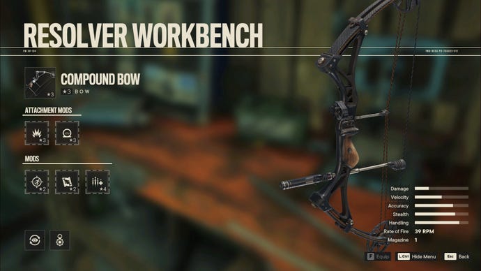 A screenshot of the Workbench screen in Far Cry 6 with the Compound Bow selected.