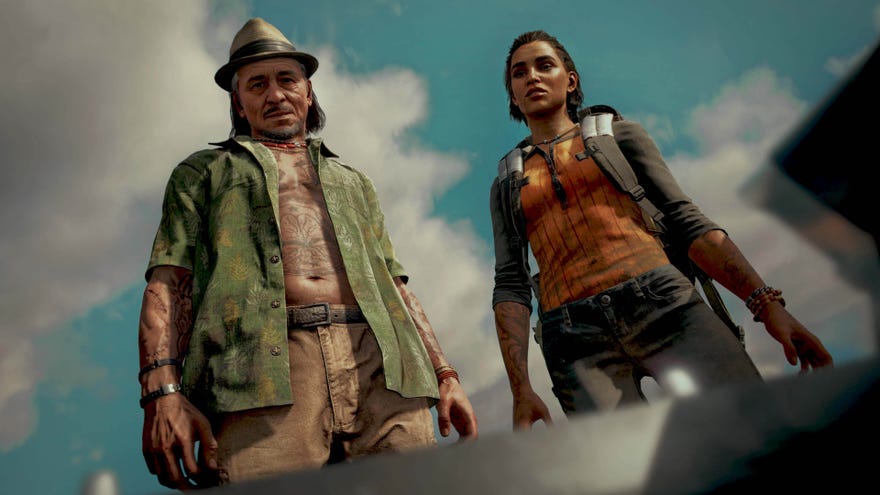 Far Cry 6: Dani and Juan look down at the camera.
