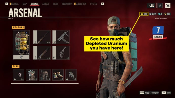 The Arsenal screen in Far Cry 6 with the Depleted Uranium counter highlighted.