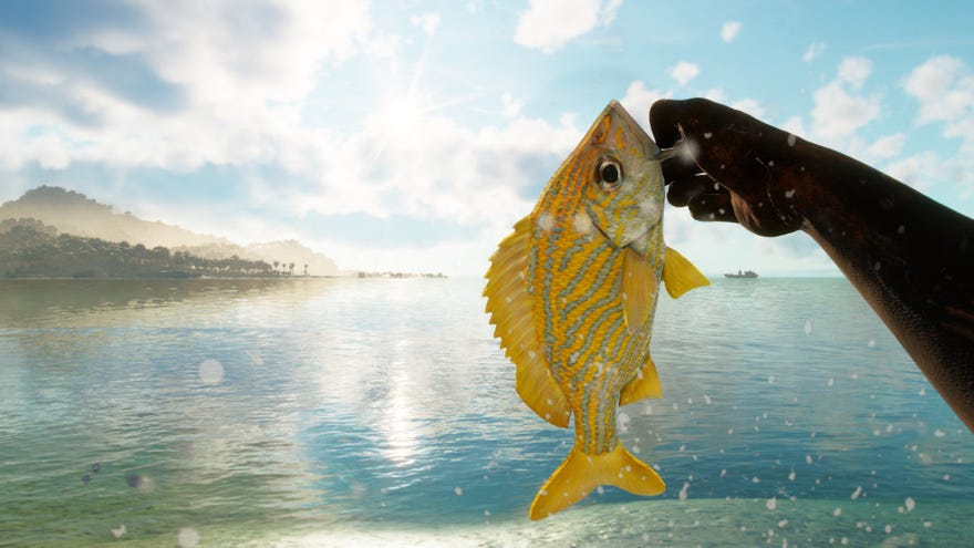 Far Cry 6: the player holds up a small yellow fish that they just caught.