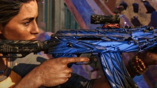 Dani Rojas holds a new crystal machinegun in Far Cry 6's Lost Between Worlds expansion.