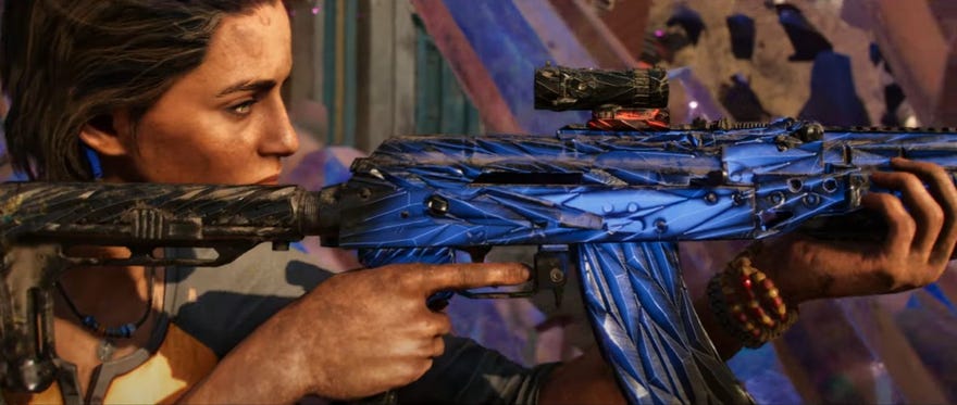 Dani Rojas holds a new crystal machinegun in Far Cry 6’s Lost Between Worlds expansion.