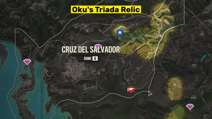 A screenshot of the Far Cry 6 map with the location of Oku’s Triada Relic highlighted.