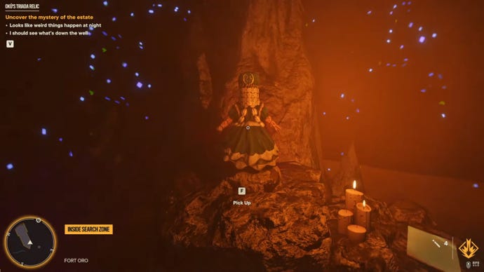 A screenshot of the player finding Oku’s Triada Relic in a cave in Far Cry 6.