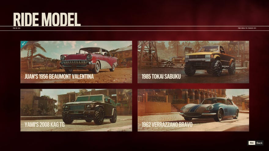 The Rides screen in Far Cry 6, showing all four Rides unlocked.