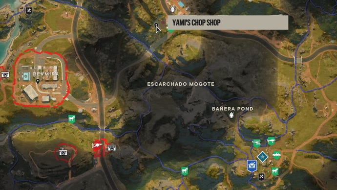 A screenshot of part of the Far Cry 6 map with Yami’s Chop Shop marked.