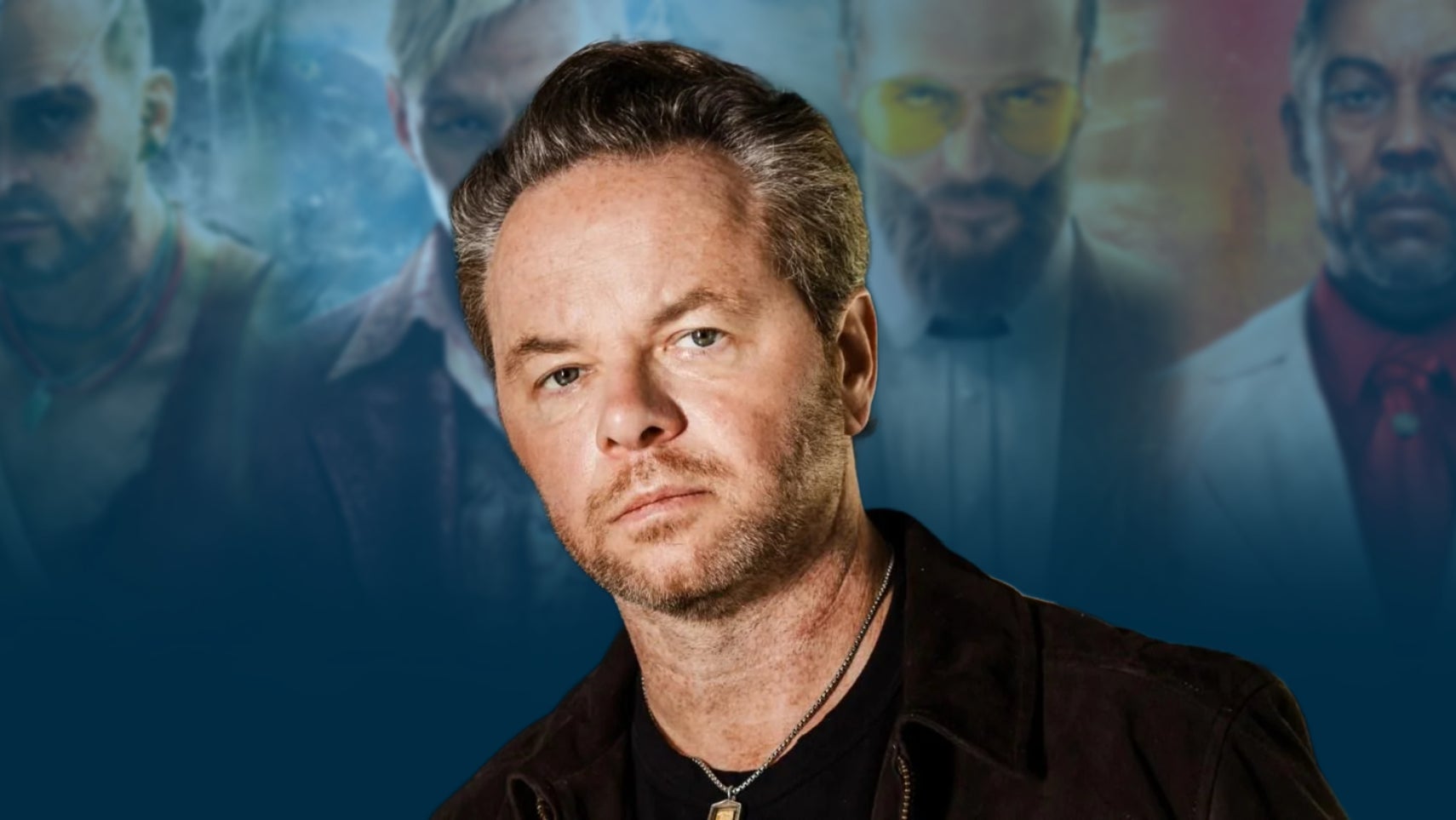 Far Cry background with photo of Noah Hawley on top
