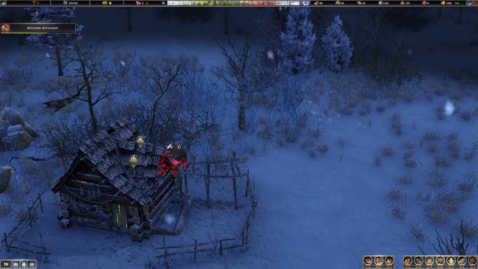 A bear stealing fish from a shack in a Farthest Frontier screenshot.