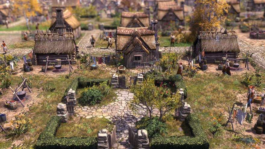 Houses and villagers in a Farthest Frontier screenshot.