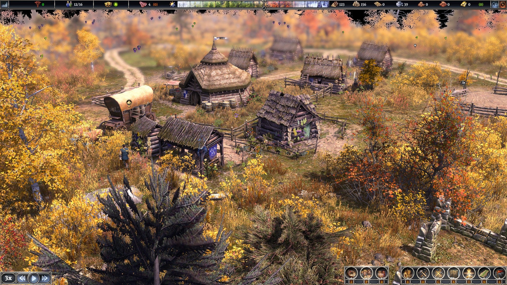 A close-up of Bertie&rsquo;s tiny village in Farthest Frontier. The many trees around it are turning yellow and red as autumn approaches. It&rsquo;s a captivating scene.