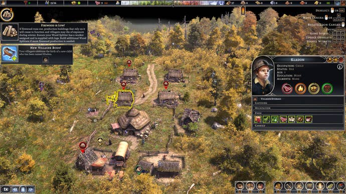A tiny village in a much larger forest. A panel shows the details of a child living there.