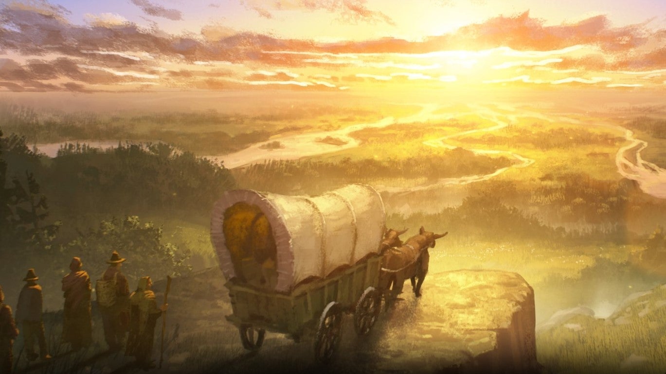 A painterly image of a wagon on a hilltop peak at sunset, overlooking a lush land of new-start promise.