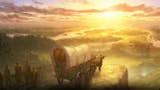 A painterly image of a wagon on a hilltop peak at sunset, overlooking a lush land of new-start promise.