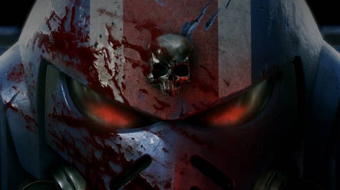 A close-up of a Space Marine’s helmet from Warhammer 40,000: Space Marine 2